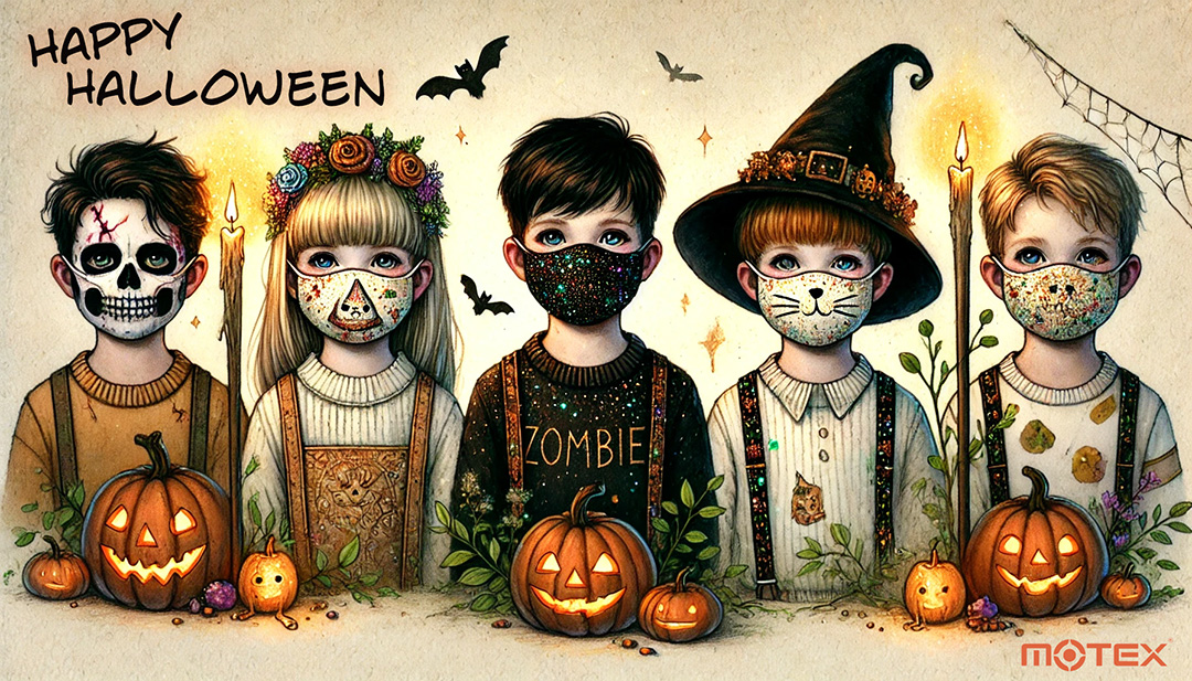 Blending Halloween's spooky charm with playful elements while emphasizing eco-conscious DIY creativity. Set against natural backdrops with classic Halloween characters and uniquely decorated sustainable masks, the image captures the article's theme of "unlimited creative possibilities in trending fashion," showcasing a Halloween atmosphere that's both spectacular and environmentally mindful.