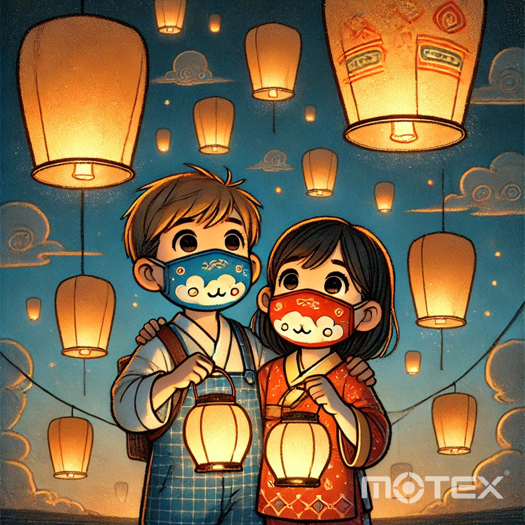 兩名孩子在微藍夜幕下，手持傳統燈籠，臉上掛著天真與好奇的神情。燈籠的溫暖光芒映照著他們戴著節慶口罩的面龐，背景中冉冉升起的天燈點綴夜空。