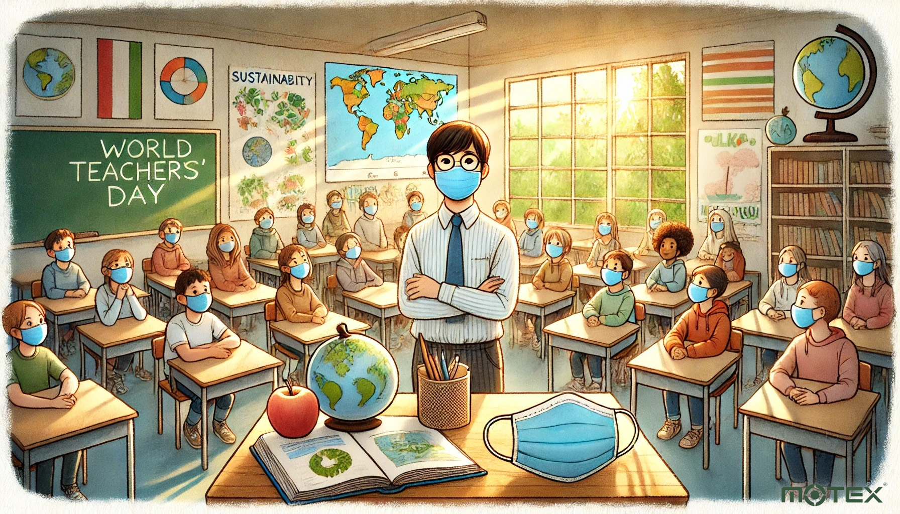 Feliz Día Internacional del Maestro. Los maestros guían a los estudiantes en sus clases, transmitiendo conocimiento y cuidado.